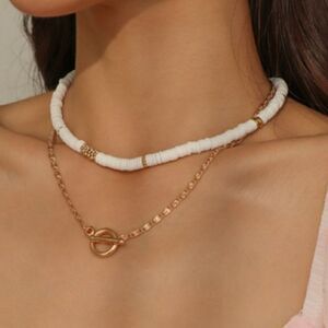 Faux Puka Bead Choker Necklace & Gold Tone Buckle Chain